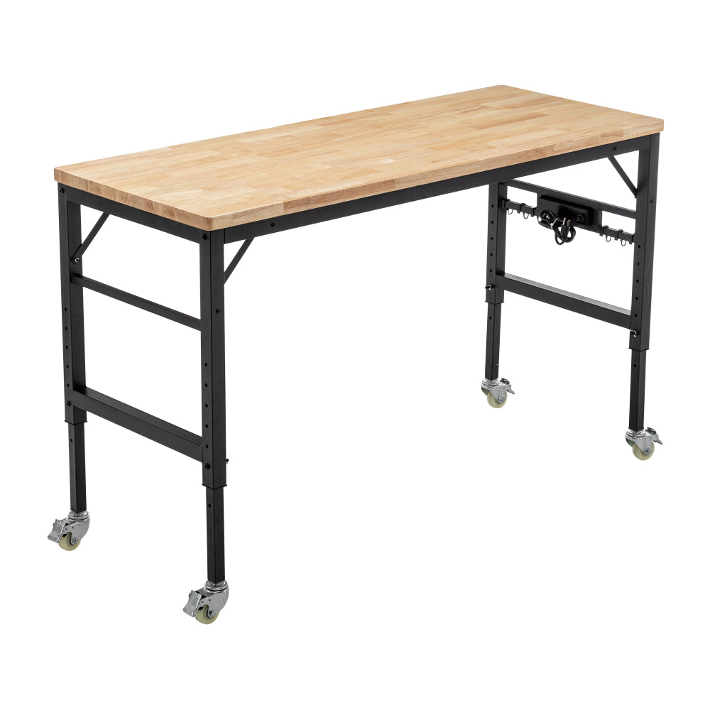 48" Heavy-Duty Adjustable Workbench for Garage, Rubber Wood shop table W/Metal Wheels, Hardwood Workstation Weight Capacity over 2000 Lbs with Wheels