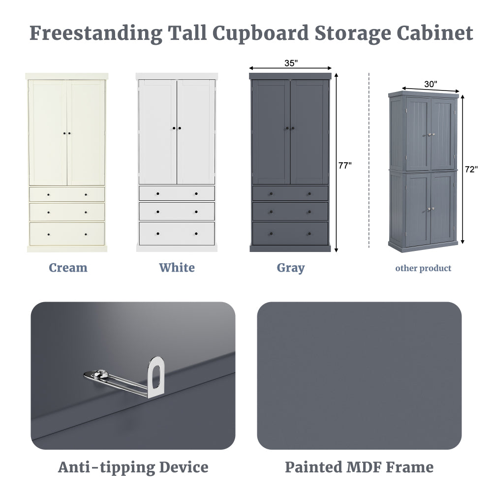 [Assembly Video Provided]TOPMAX 77inch Farmhouse Kitchen Pantry, Freestanding Tall Cupboard Storage Cabinet with 3 Adjustable Shelves, 8 Door Shelves, 3 Drawers for Kitchen, Dining Room, Gray