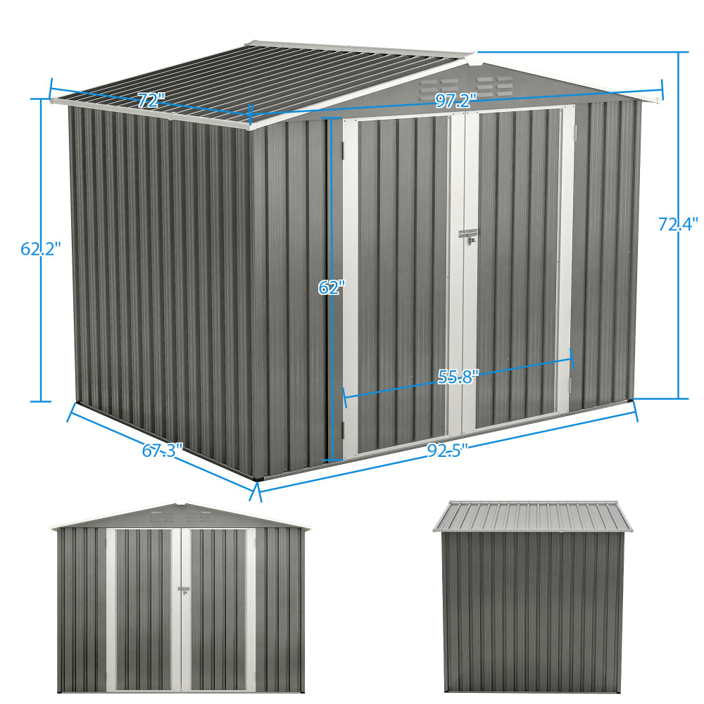 8 x 6 FT Outdoor Waterproof Garden Tool Storage Sheds with Metal Foundation with Floor Frame, Tool Shed with Lockable Hinged Doors & Air Vents, Storage House Waterproof for Backyard, Lawn, Gray
