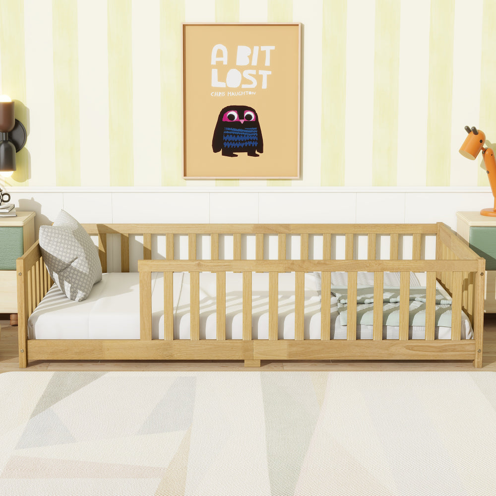 Twin Size Floor Bed with Fence without Door, Rubber Wood Floor Bed with Safety Guardrails,White