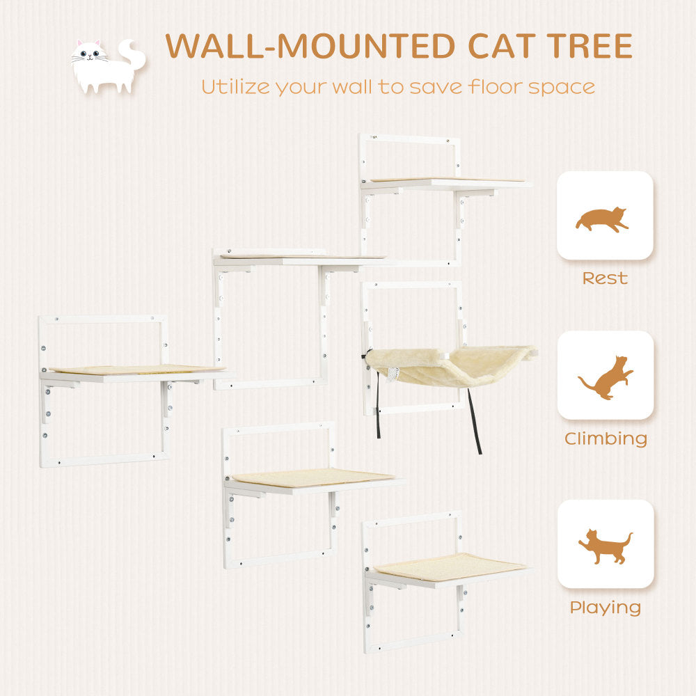 PawHut 6-pc Modern Cat Wall Shelves for Indoor Cats, Height Adjustable Jumping Platforms & Cat Hammock, Cat Shelves and Perches for Wall-Mounted Cat Tree, Cat Climbing Shelf Set, Cream