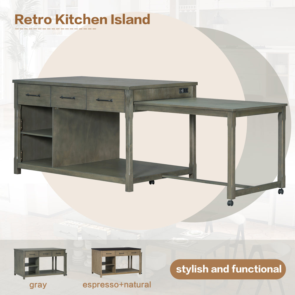 TREXM Extendable Kitchen Island with Storage, Multi-Functional Kitchen Cart with Built-In Power Outlets, Retro Kitchen Island on Wheels with Drawers and Open Shelves for Kitchen (Gray)
