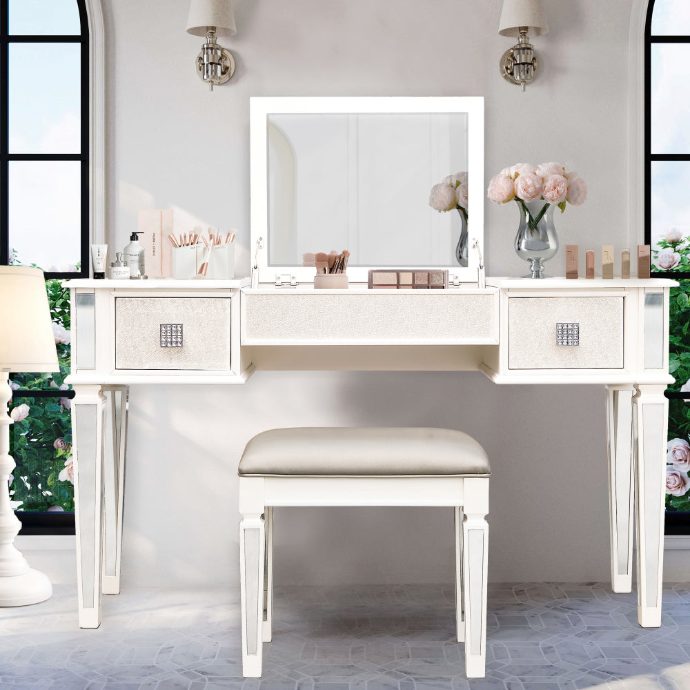 Mirrored Vanities Desk with Drawers, Bedroom Makeup Vanity Table Set with Mirror and Stool, Flip Up Dressing Table for Bedroom/Makeup Room, Working Desk for Women, Girl Furniture Combo