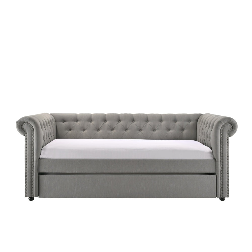 Luxurious 1pc Modern Aesthetic Beautifully Button Tufted Nailhead Trim Design Daybed Built-in pull-out Trundle Bed Living Space Guest Room Bedroom Dove Gray