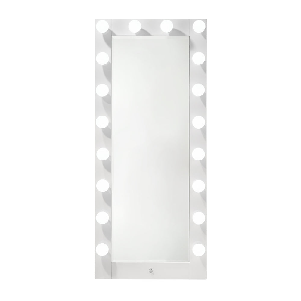 1pc Glam Tall Lighted Mirror with Drawer Box Beveled Mirror Crystal Knob Glossy White Finish Vanity