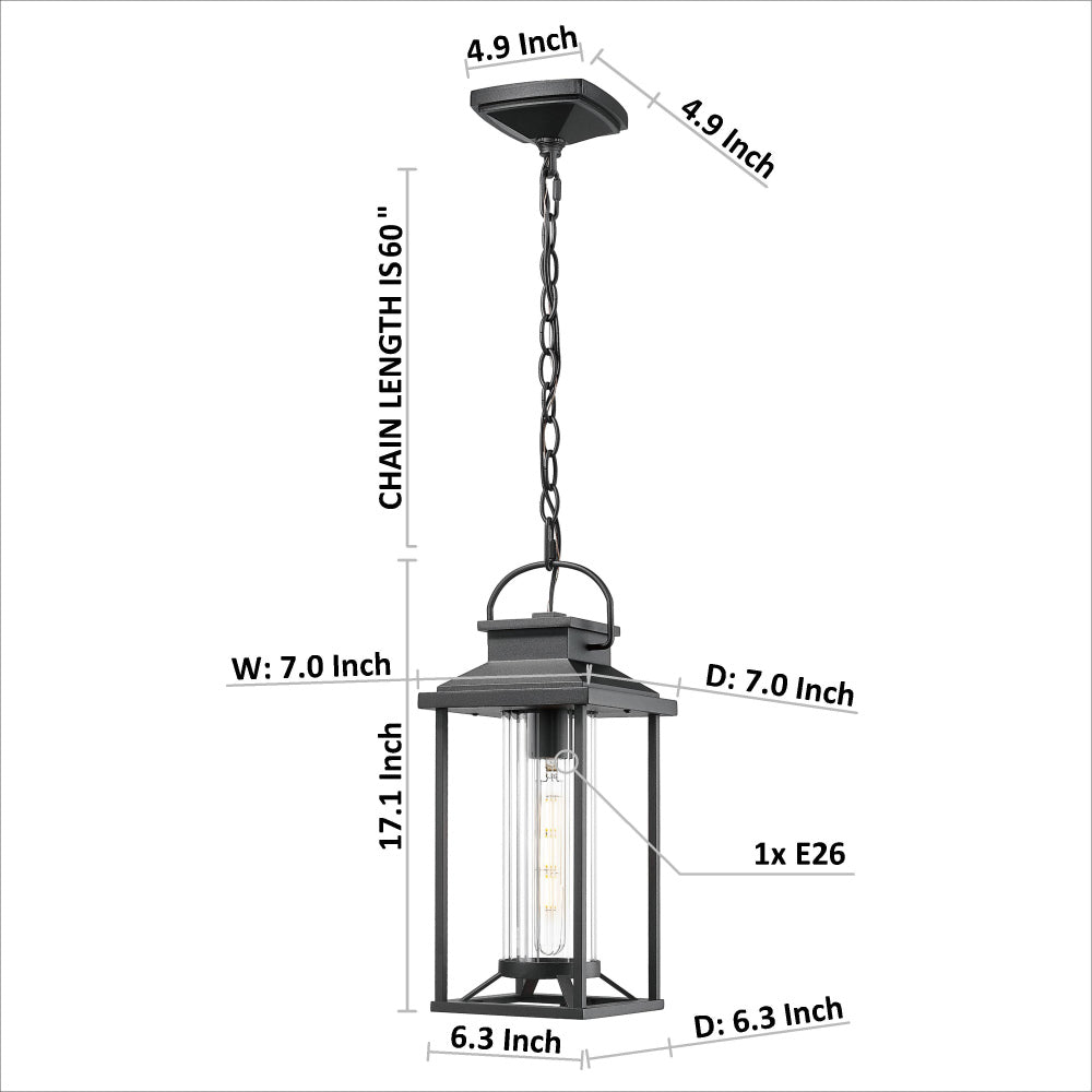 Outdoor Pendant Lights for Porch, Black Exterior Chandelier for Gazebo, Modern Outside Hanging Lanterns Outdoor Ceiling Light Fixture with Ribbed Glass for House Patio, Anti-Rust Waterproof (1 pack)
