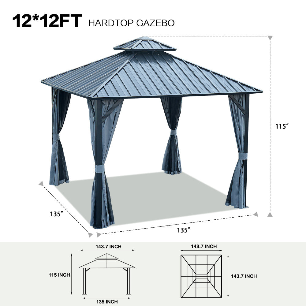 12' X 12' Hardtop Gazebo with Galvanized Steel Double Roof, Sturdy Aluminum Frame, Curtains, and Netting for Patio, Lawn, and Garden
