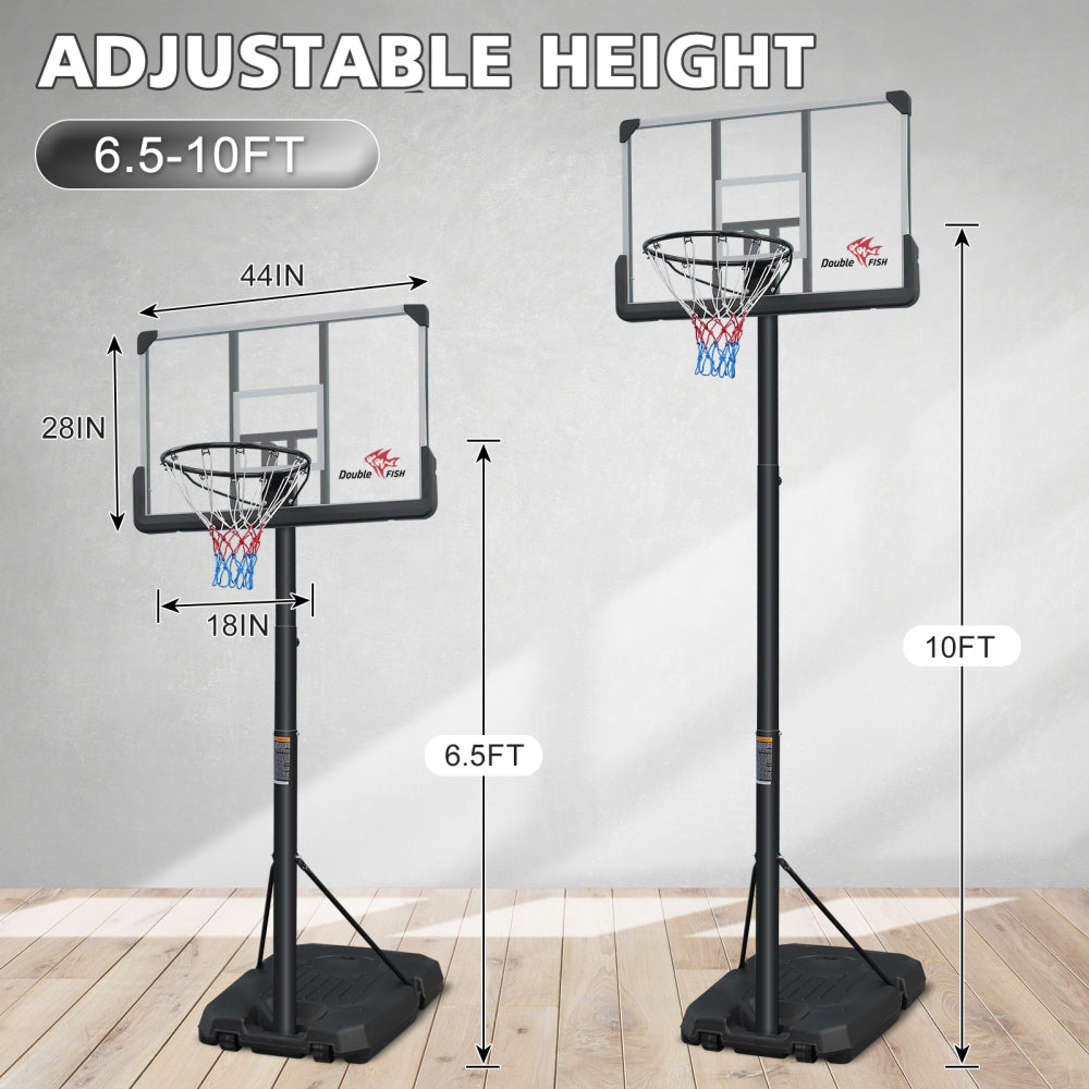 DOUBLE FISH[Adjustable Basketball Goal] Height Adjustable 6.5 Ft-10 Ft Basketball Hoop - 44'' Basketball Rebound, Portable Wheels, And Sturdy Base - Rust-Proof For Adults And Youth