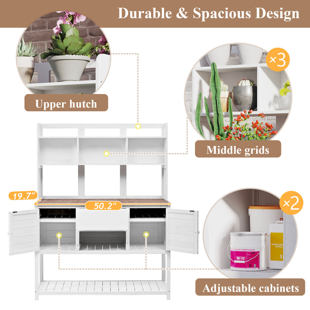[Assembly Video Available] Topmax Solid Fir Wood Potting Bench Garden Workstation with Hutch, Drawer & Adjustable Shelves, 50.2x19.7x66.1 Inch Outdoor Garden Work Table for Backyard Planting,White