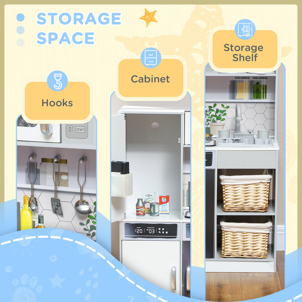 Qaba Play Kitchen, Kids Kitchen Playset, Pretend Play Toy Kitchen with Lights & Sounds, Running Water, Coffee Machine, Ice Maker, 5 Accessories & Microwave, Gift for 3-8 Years, White