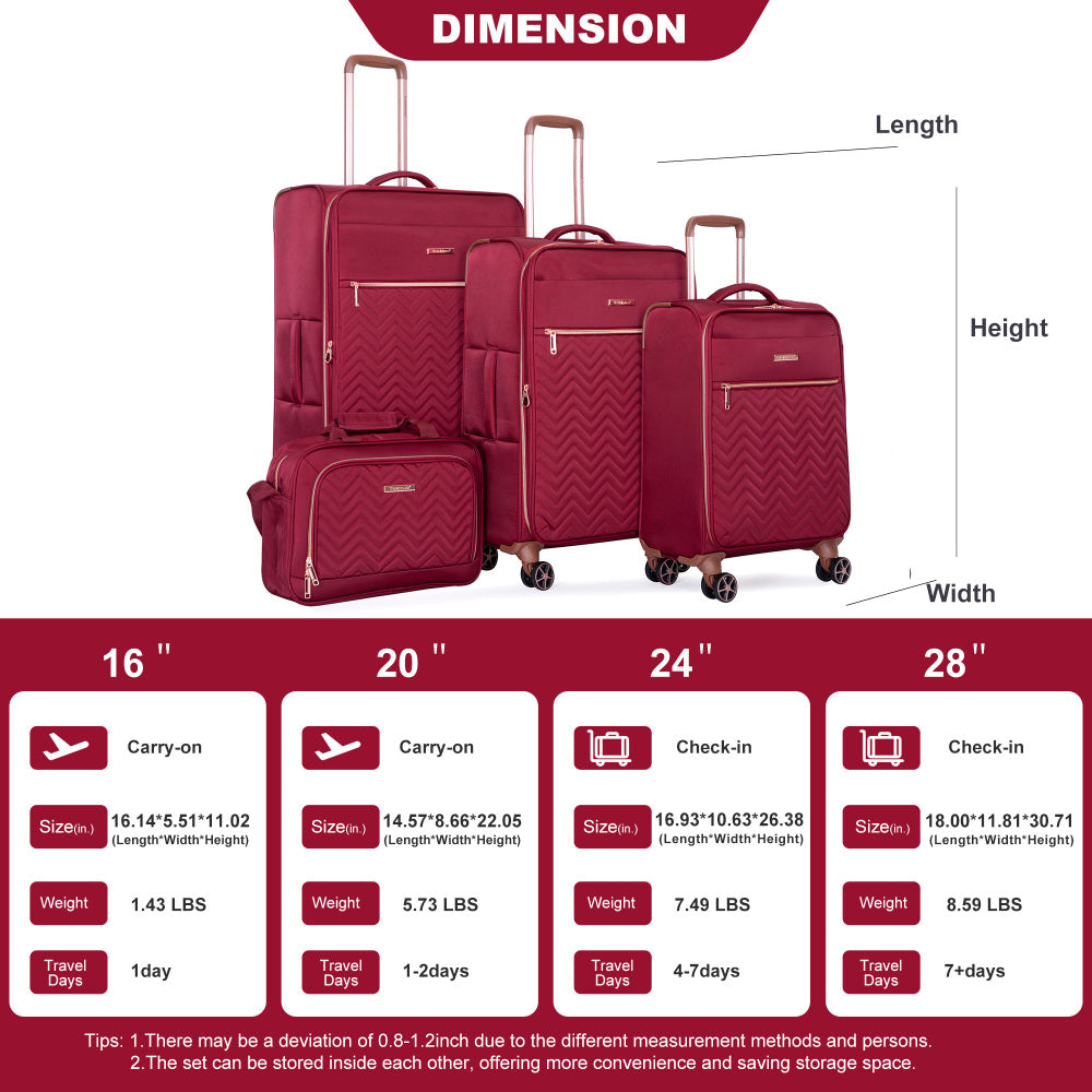 4-Piece Set (16/20/24/28) ,Softshell Suitcase Spinner Wheels Terylene Luggage Sets Carry On Suitcase Luggage Lightweight Durable Suitcase   Wine Red