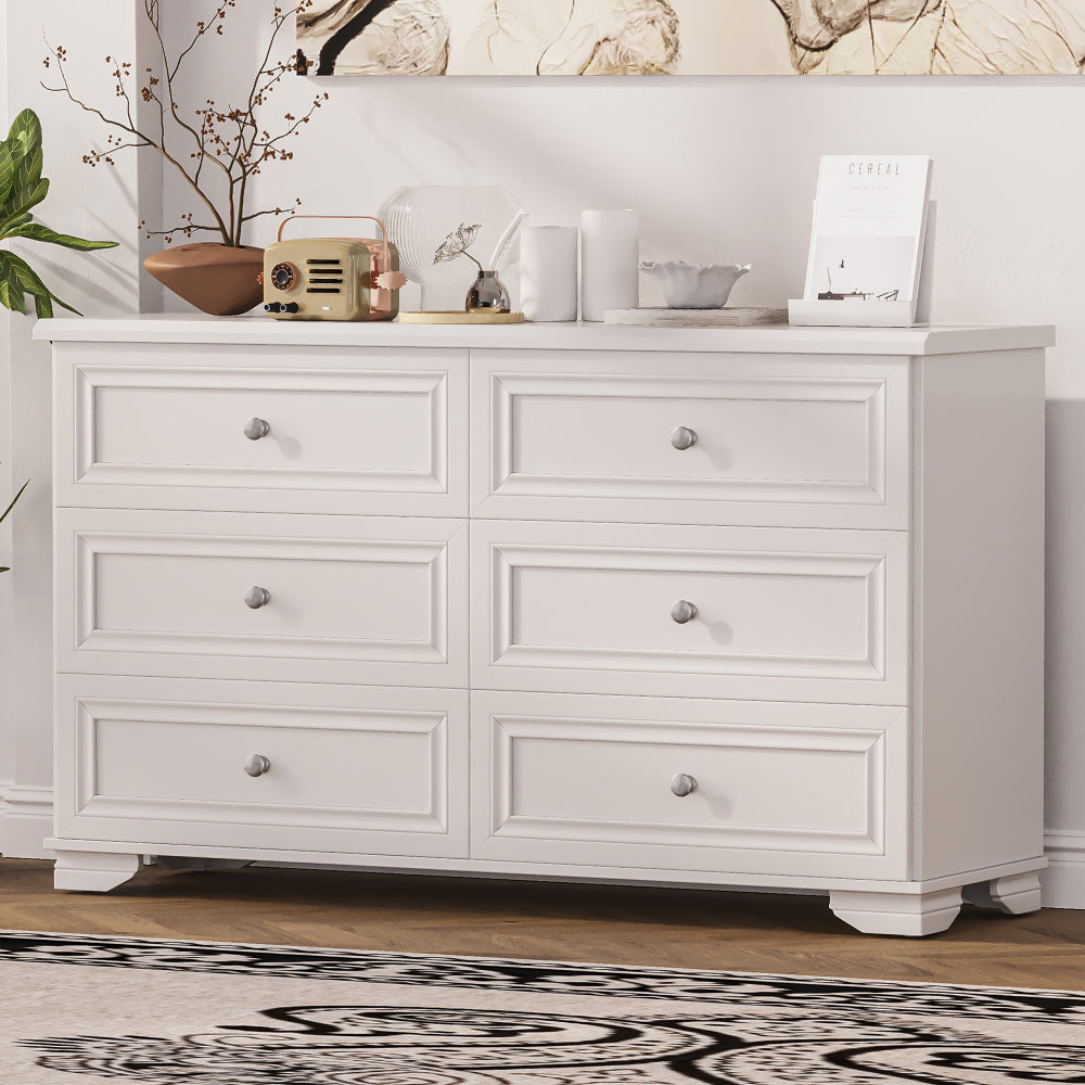 3-Pieces Bedroom Set, 6-Drawer Dresser and Two Nightstands with Metal Handles, Elegant Design and Retro Style,White