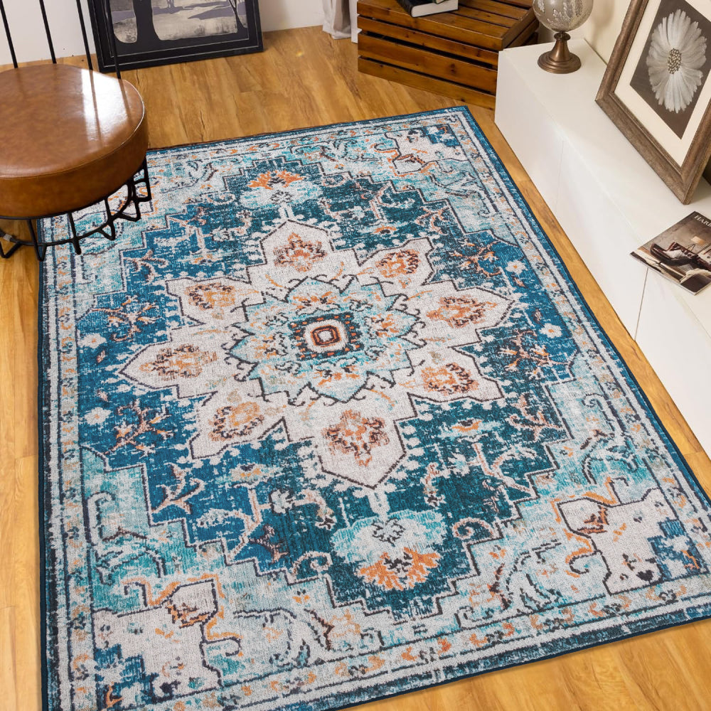 Area Rug 5x7 Vintage Bohemia Large Persian Non-slip Washable Rug For Living Room Kitchen Bedroom Living Room Flower Design Blue/Beige