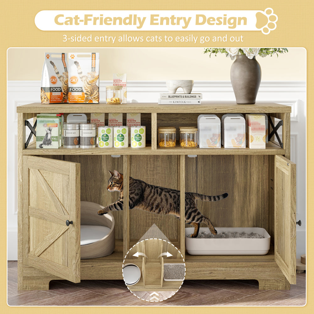 GO Cat Litter Box Enclosure for 2 Cats, Double Hidden Litter Box Furniture Cat Washroom, Farmhouse Indoor Cat House End Table, Brown