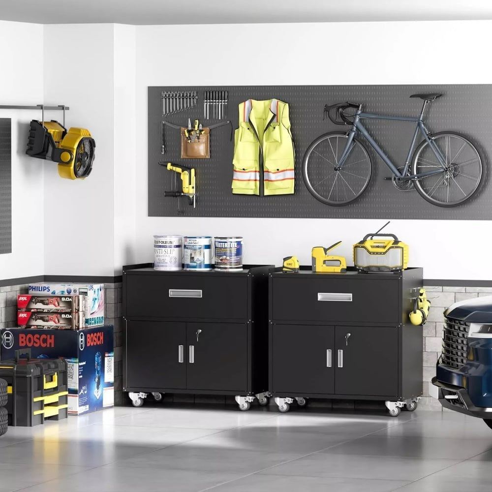 Metal garage cabinets, rolling tool cart boxes with wheels (black)