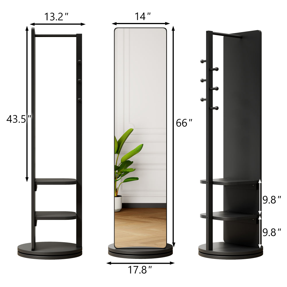 360° Rotating 66"x14" Multifunctional Full Length Mirror with Hook Storage Rack Coat Rack with Mirror Solid Wood Floor Mirror Bedroom Living Room Cloakroom Space Saving(black)