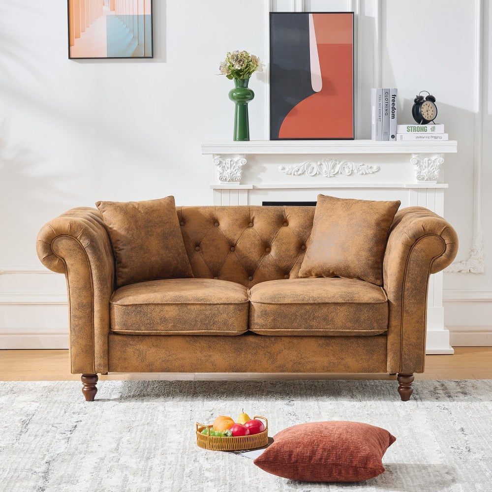 66"Chesterfield ‌Faux Leather Sofa,High-tech Fabric Roll Armrest Sofa,Upholstered Mid Century Modern Couch,2 Seater Couch for Living Room, Office, Apartment, Brown