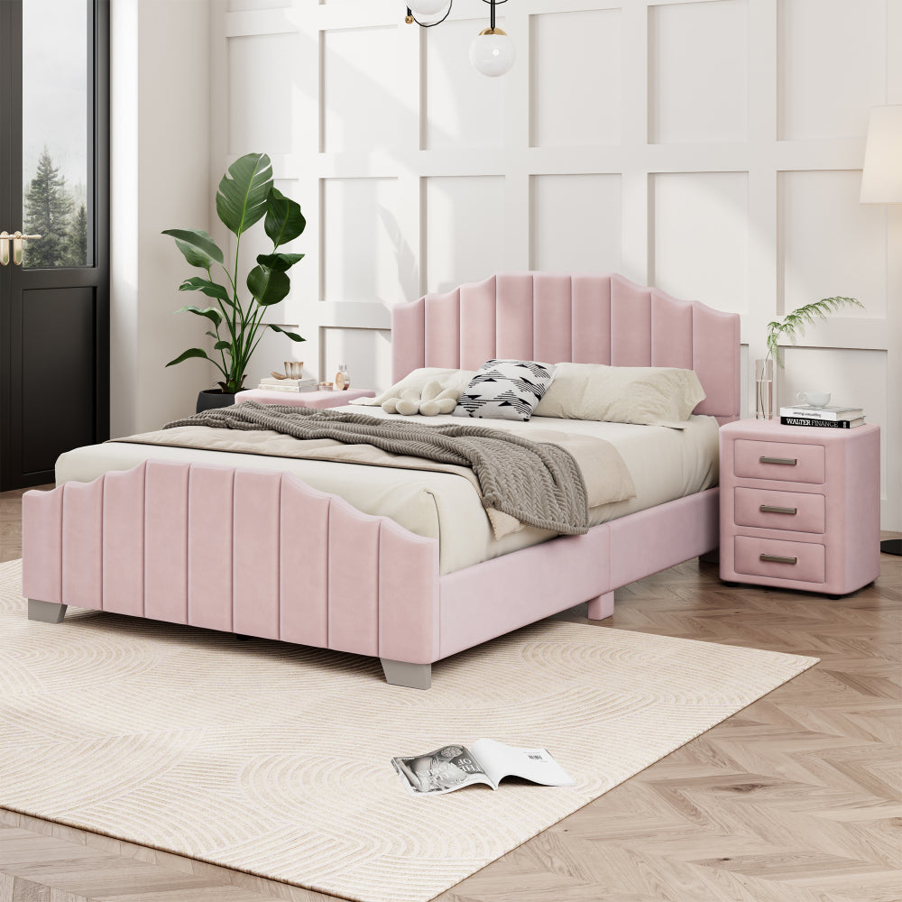 3 Pieces Bedroom Sets Queen Size Velvet Upholstered Platform Bed Vertical Channel Tufted Headboard and Two Three-drawer Nightstands,Pink