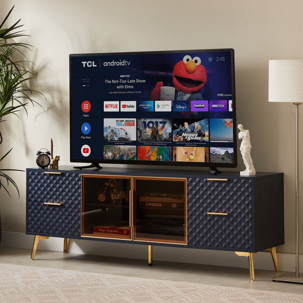 Deluxe Sculpted Modern Fashion Geometric Style TV Stand, Aluminum Frame Tempered Glass Door 4 Drawer Chest with Adjustable Metal Feet ,Dark Blue,59.9"L x 15.7"W x 21.7"H