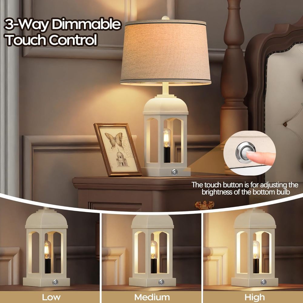 Table Lamp for Living Room, Farmhouse Lamps Set of 2 with USB A+C and Nightlight, 26" Rustic Bedside Lamps with 3-Way Dimmable, Touch Nightstand Lamp for Bedroom, White