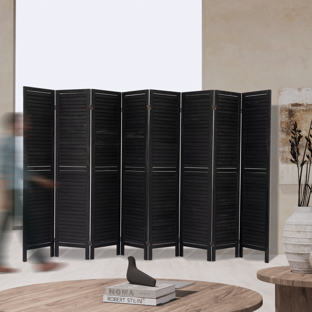 8 Panel Room Divider, Folding Room Divider Privacy Screen 5.6Ft Tall, Wood Freestanding Louvered Divider Screen for Home Office Restaurant Bedroom(Black)