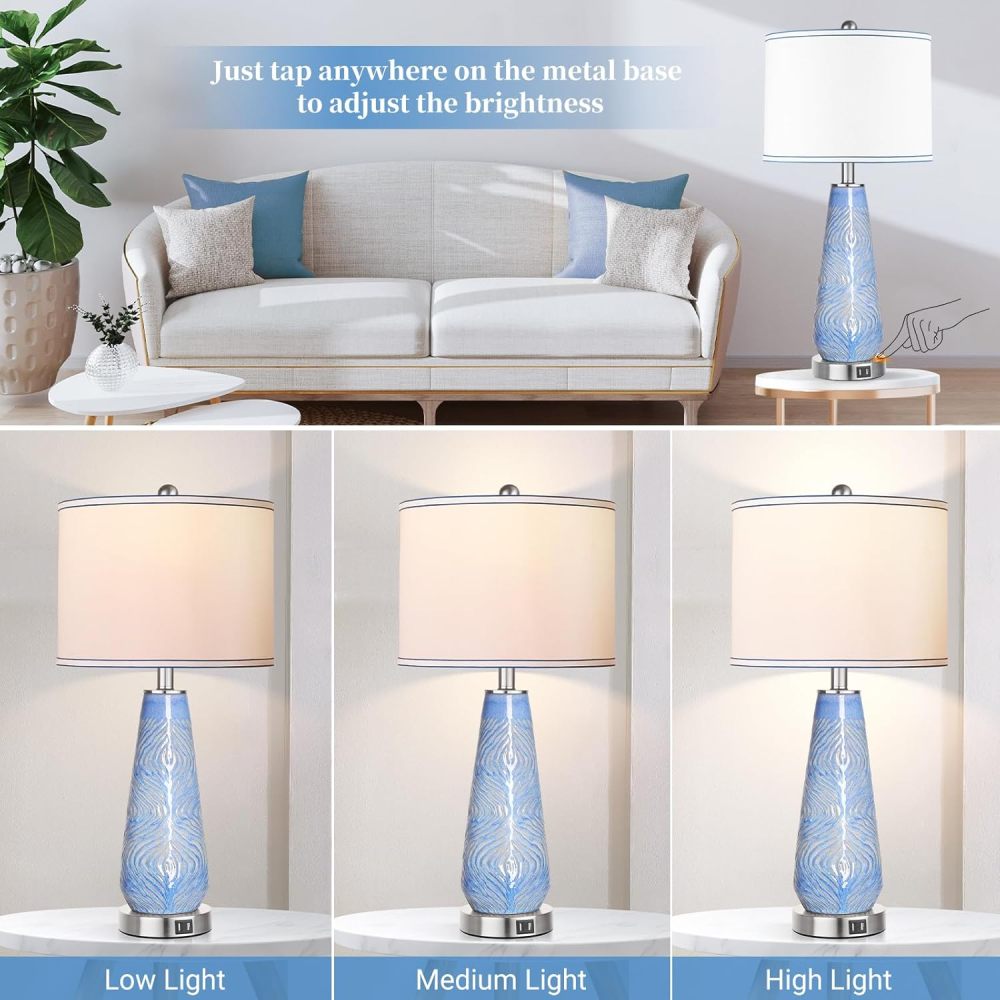 Modern Table Lamp Set of 2 Touch Control, 27" Tall Blue Art Ceramic Bedside Lamp with USB Ports, 3-Way Dimmable Hand Crafted Nightstand Lamps with White Shade for Living Room Bedroom Office