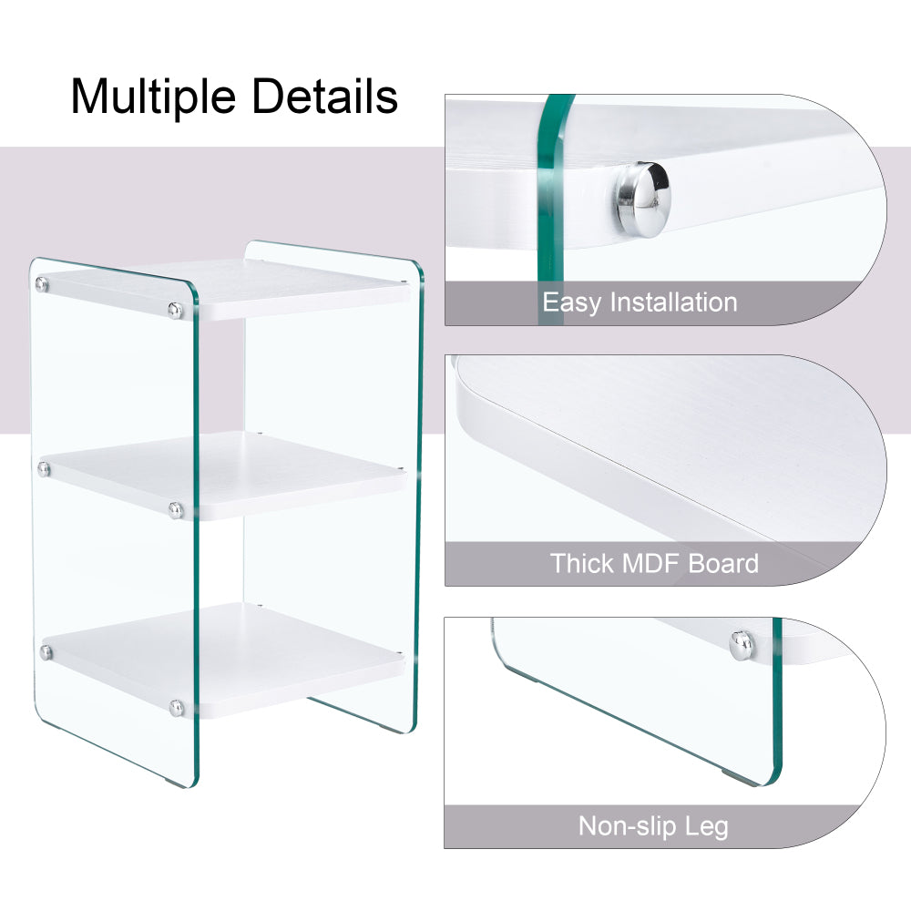 Three levels of bedside tables. The board surface is MDF, with white stickers, and both sides are transparent tempered glass. The design is simple and generous, with storage function.W1512P284948