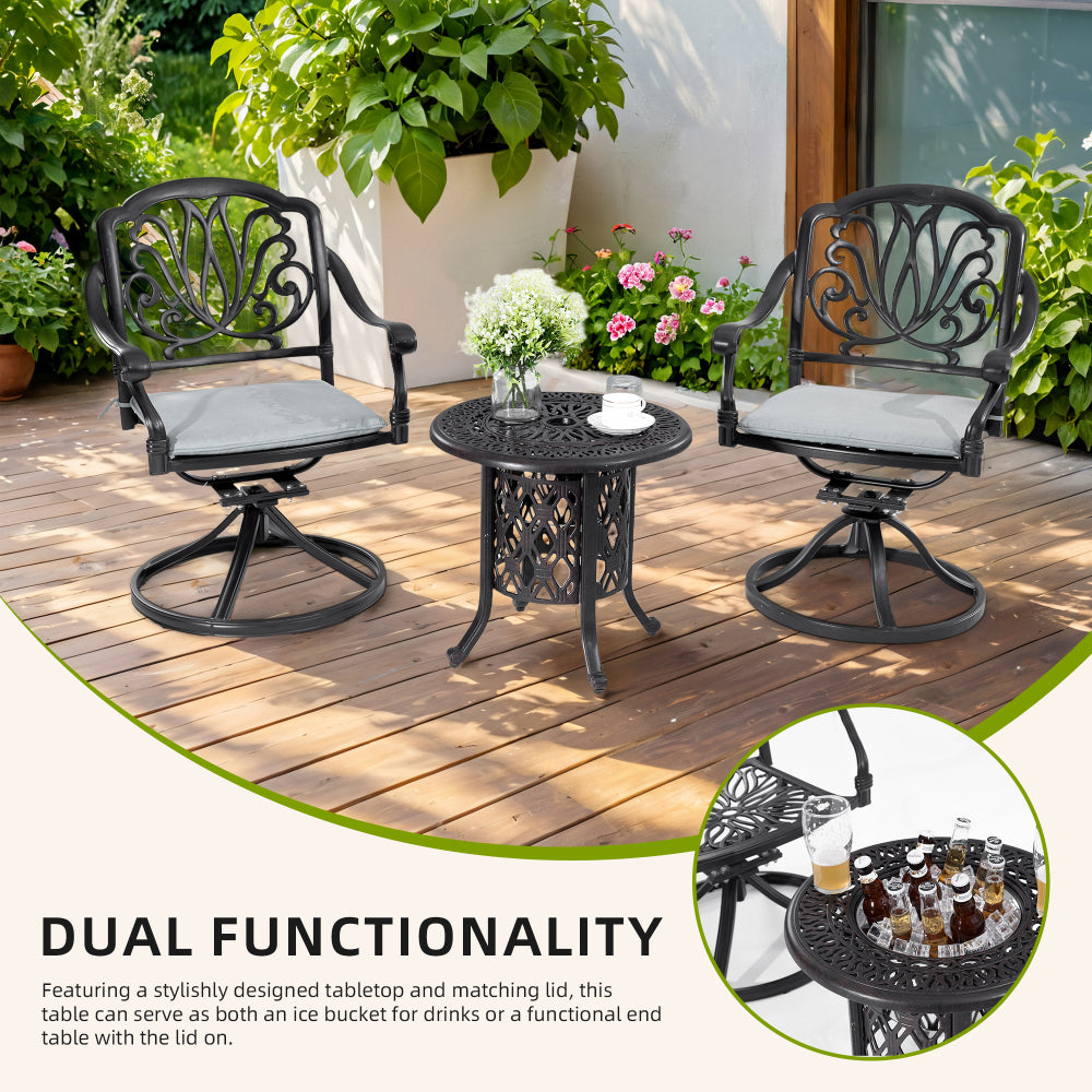 21"  Side Table With Removable Ice Bucket- Rustproof Cast Aluminum Frame, Hand-Brushed Finish, Food-Grade 304 Stainless Steel Bucket - Perfect for Indoor & Outdoor, Patio, Balcony, and Poolside