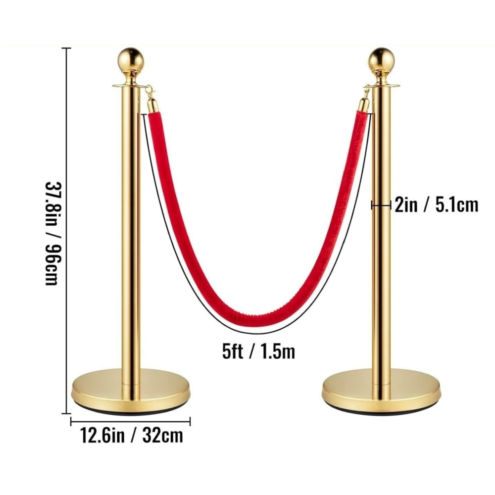 Velvet Ropes and Posts, 5 ft/1.5 m Red Rope, Stainless Steel Gold Stanchion with Ball Top, Red Crowd Control Barrier Used for Theaters, Party, Wedding, Exhibition, Ticket Offices 4 packSets