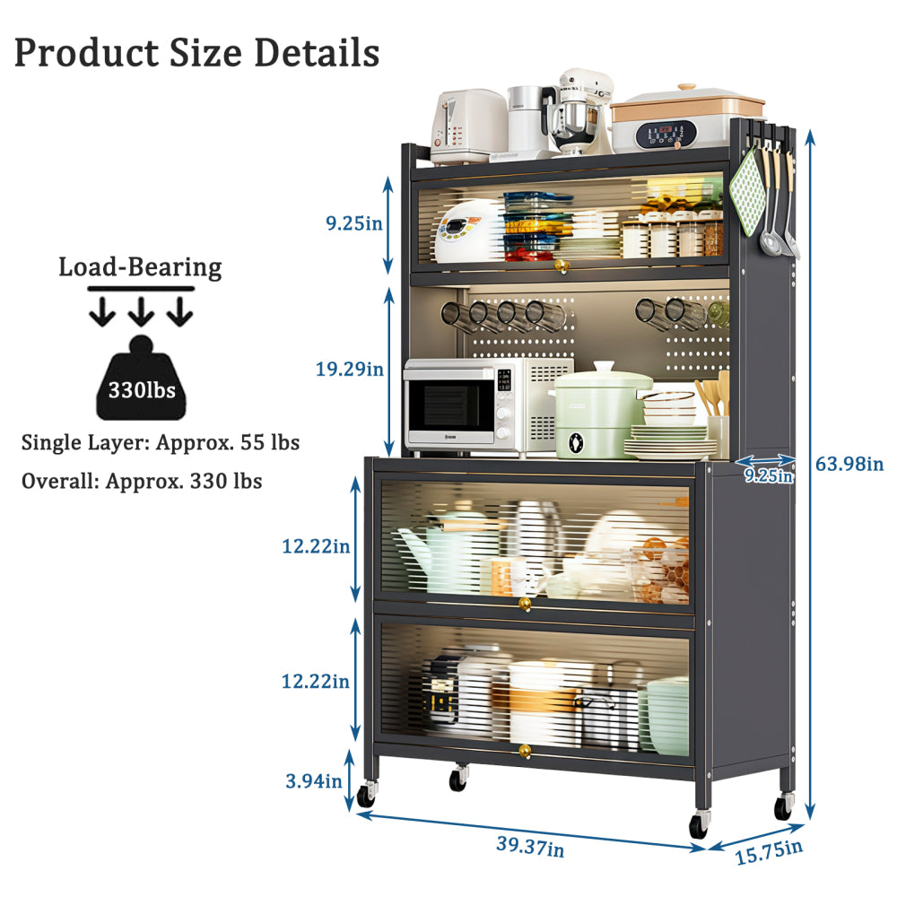 64" Kitchen Pantry Storage Cabinet, 5 Tier Metal Storage Cabinet with Wheels, Transparent Flap Door &  DIY Hole Board , Kitchen Storage Bakers Rack, for Kitchen, Living Room and Dining Room, Gray