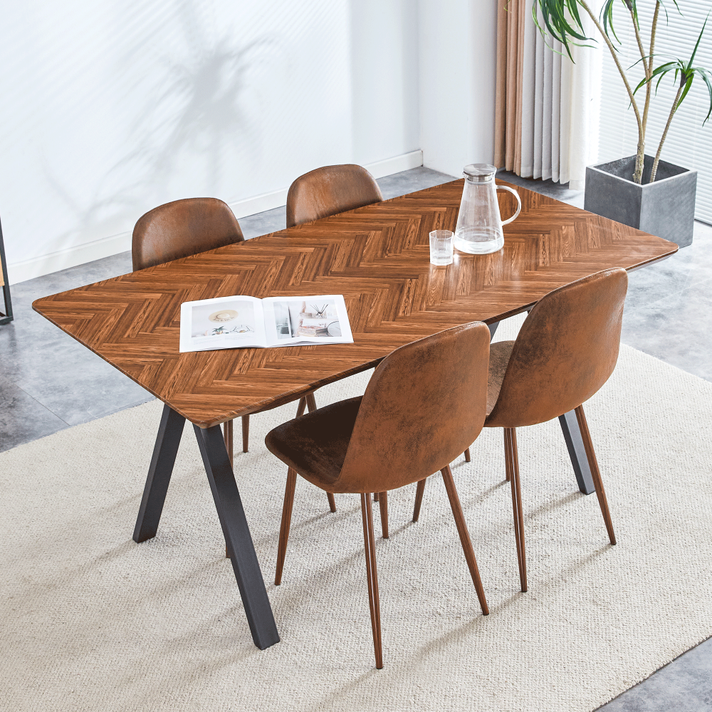 Set of 4 Modern Transferred Walnut Leg Suede Backrest Dining Chair and Herringbone MDF Dining Table Set - A Model of Elegance and Durability for Home Furnishing.