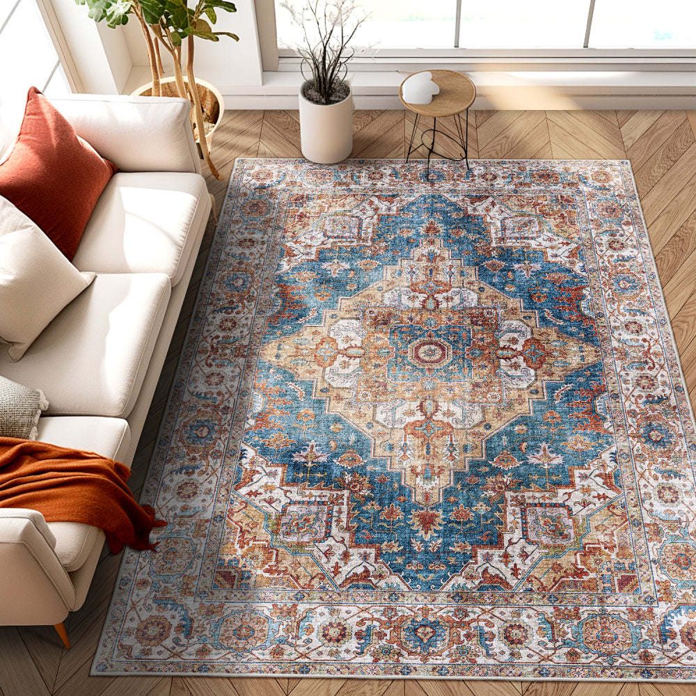 Area Rug 5x7 Vintage Bohemia Large Persian Non-slip Washable Rug For Living Room Kitchen Bedroom Living Room Flower Design Blue/Yellow