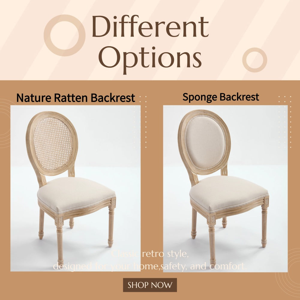 French Country Dining Chairs Set of 2, Upholstered  Chairs with Nature Rattan Round Back, Wire drawing and carving techniques ,Disassemblable ,  for Living Room, Kitchen , Restaurant Use,Beige