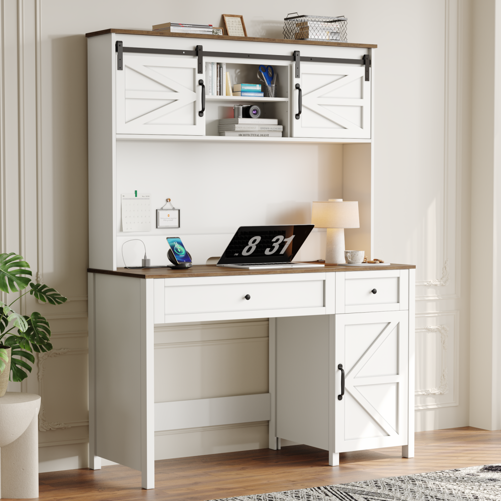47" Farmhouse Executive Desk with Drawers, Wood Home Office Desk w/Charging Station, File Drawer, Storage Cabinet, Rustic Computer Writing Desk. White 47.24''W x 19.69''D x 67.91''H.