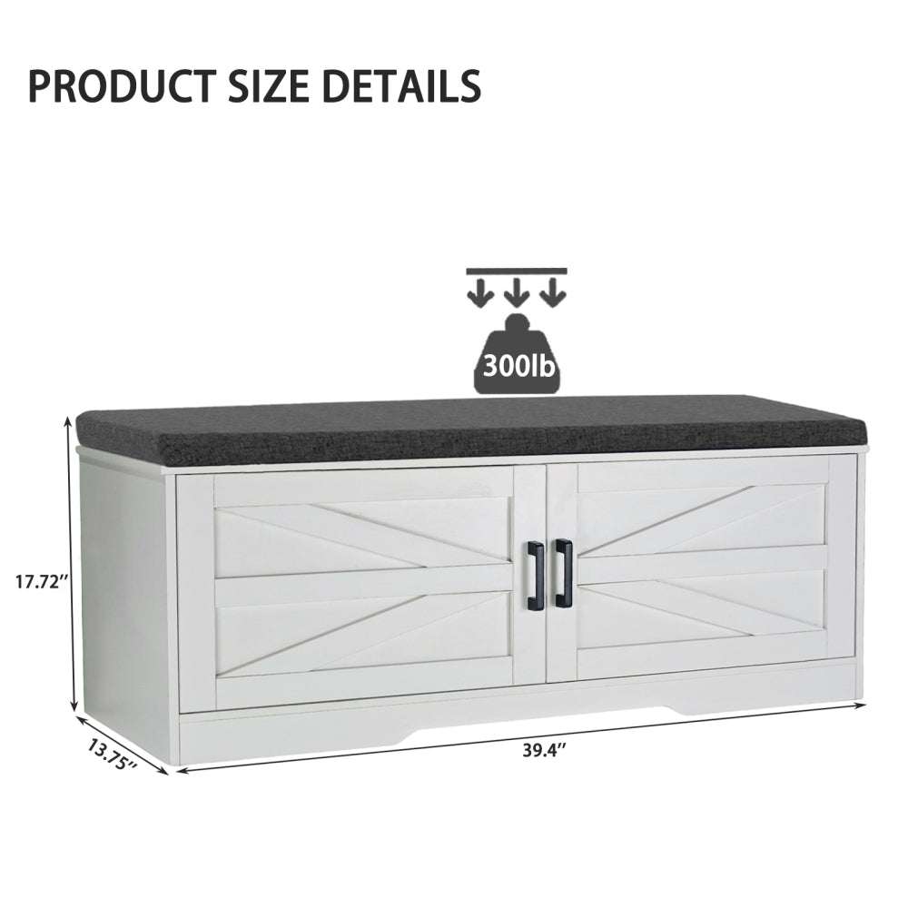 2-Tier Storage Bench, Farmhouse Shoe Bench with Padded Seat Cushion, Entryway Bench with 2 Barn Doors & 2 Adjustable Shelves, 13.75" D x 39.4" W x 17.72" H, for Entryway, Bedroom, Living Room, White