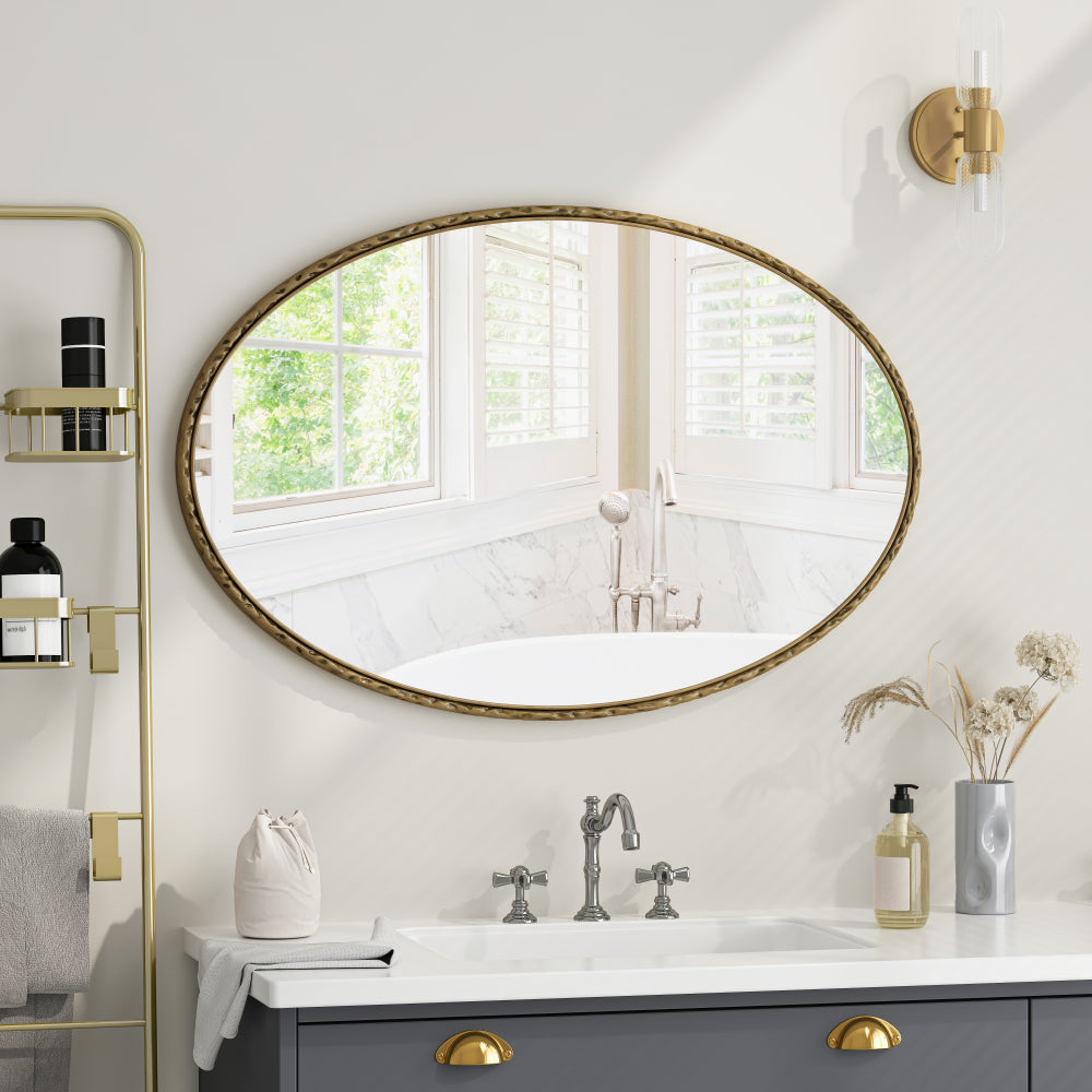 Iron Art Oval Retro Mirror, Antique Effect, Wall Hanging, Suitable For Bathroom, Bedroom, Living Room (Gold)