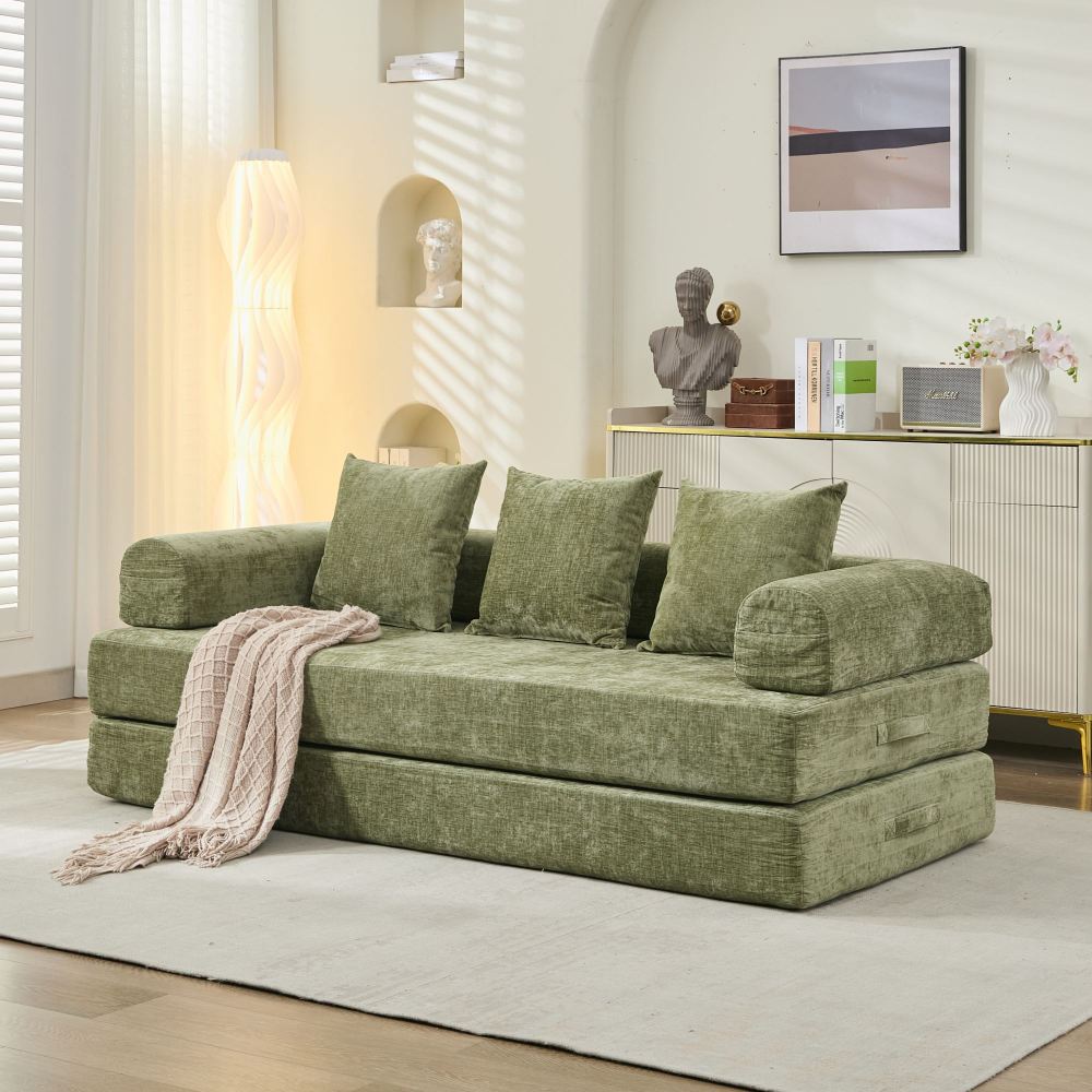 Comfy Convertible Folding Mattress Couch, Floor Sofa Bed, Chenille Floor Sofa with Armrest, Floor Sofa Lounge Couch for Living Room Bedroom Lounge Studio-Green