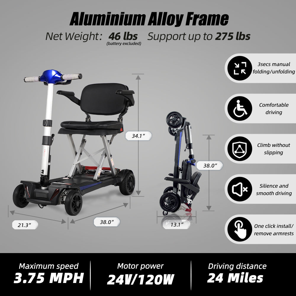 Manaul Folding Scooter M2085 Blue with 26.5 AH Battery and Travel range 24 Miles