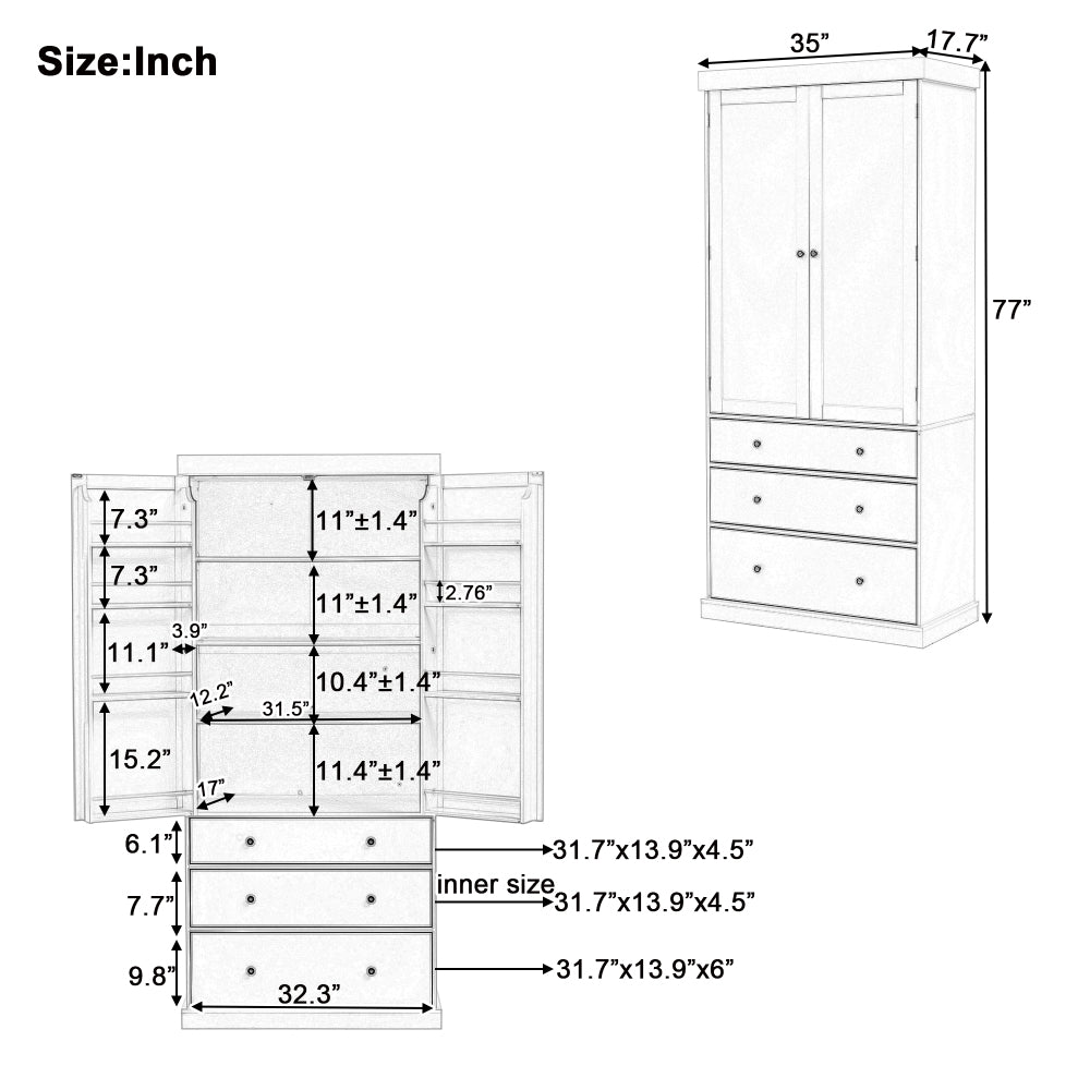 [Assembly Video Provided]TOPMAX 77inch Farmhouse Kitchen Pantry, Freestanding Tall Cupboard Storage Cabinet with 3 Adjustable Shelves, 8 Door Shelves, 3 Drawers for Kitchen, Dining Room, Gray