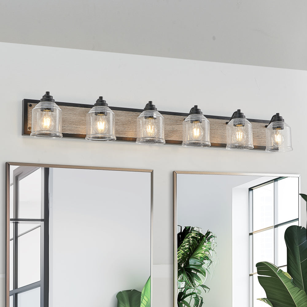 32" Farmhouse Vanity Light Fixture, 4-Light Bathroom Wall Sconce with Clear Seeded Glass Shades, Black and Wood Grain Finish, Modern Industrial Design for Bathroom or Powder Room (No Bulbs)