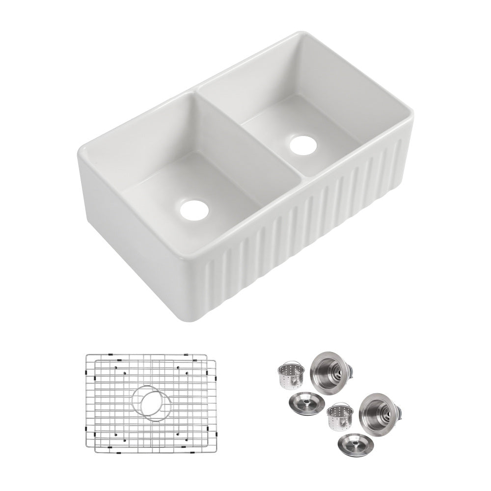 Fireclay 33" L X 18" W Double Basin Farmhouse Kitchen Sink With Grid And Strainer