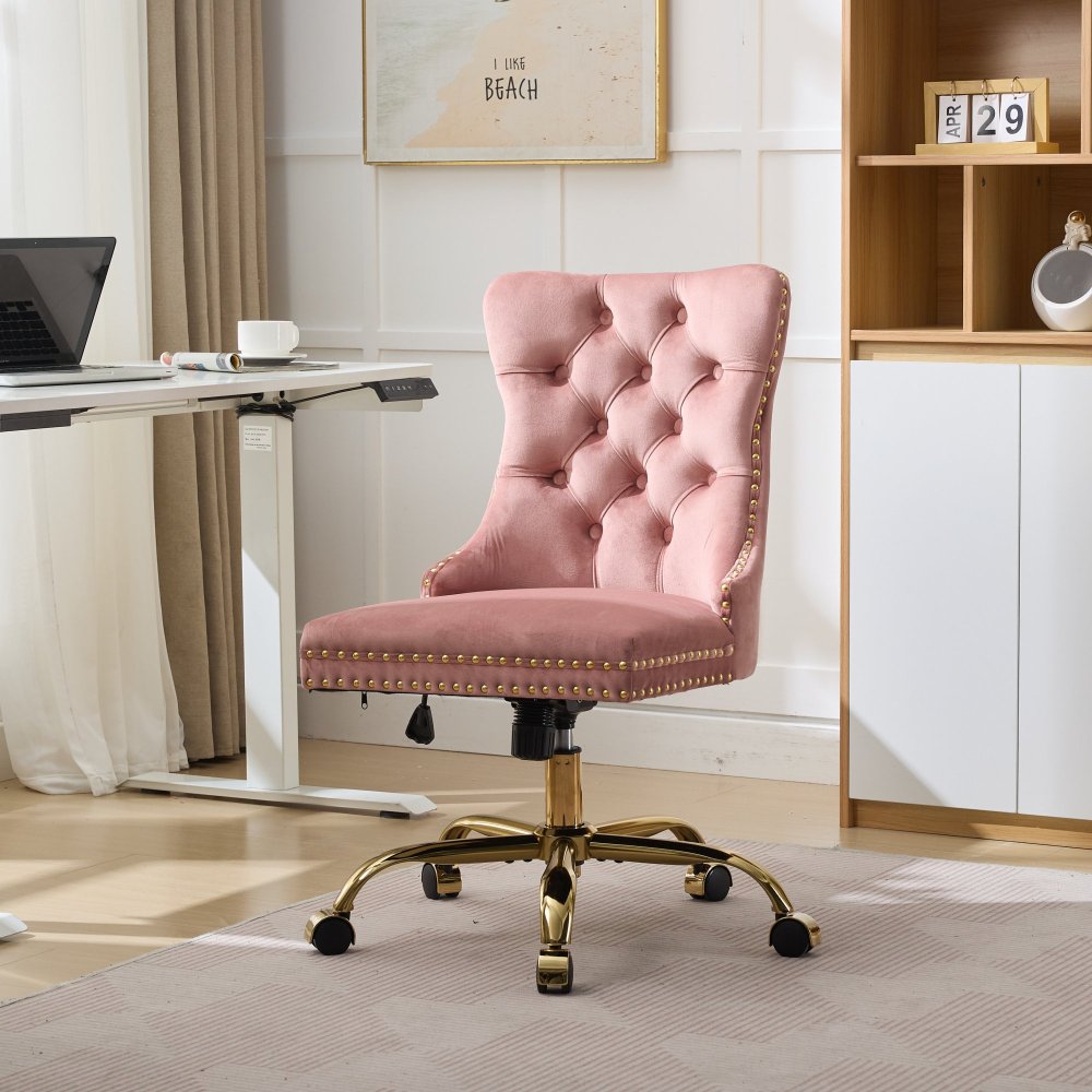 A&A Furniture Office Chair,Modern Velvet Upholstered Tufted Button Home Office Chair with Golden Metal Base,Adjustable Desk Chair Swivel Office Chair (Gray)