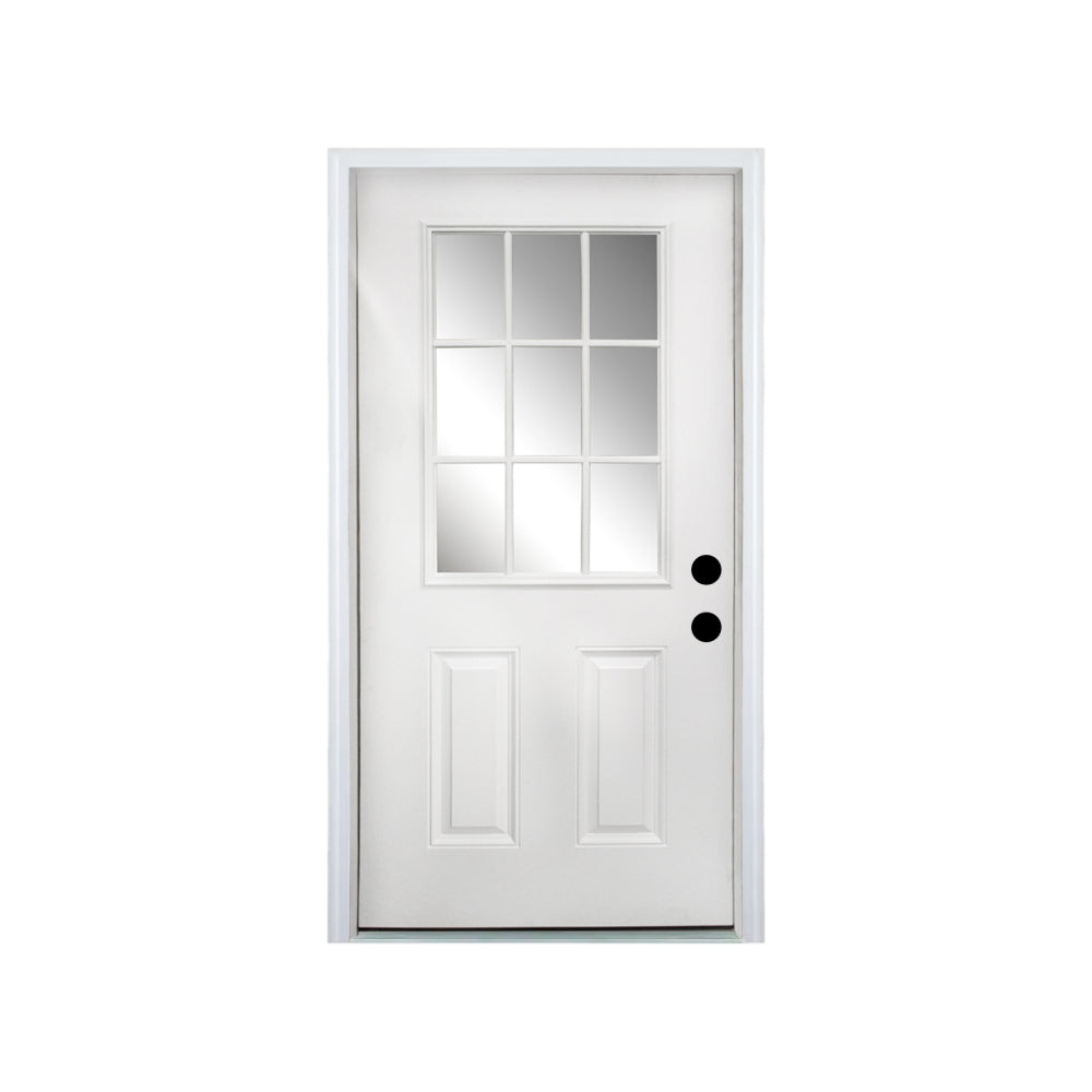 36 x 80 Fiberglass Entry Door with Brickmould, 4-9/16 in. Vinyl Frame,9 Lite Low-E Glass - Primed Front Door for Home's Front Entrance, Left Hand Inswing, White Oak Wooden Grain Knock-Down Door