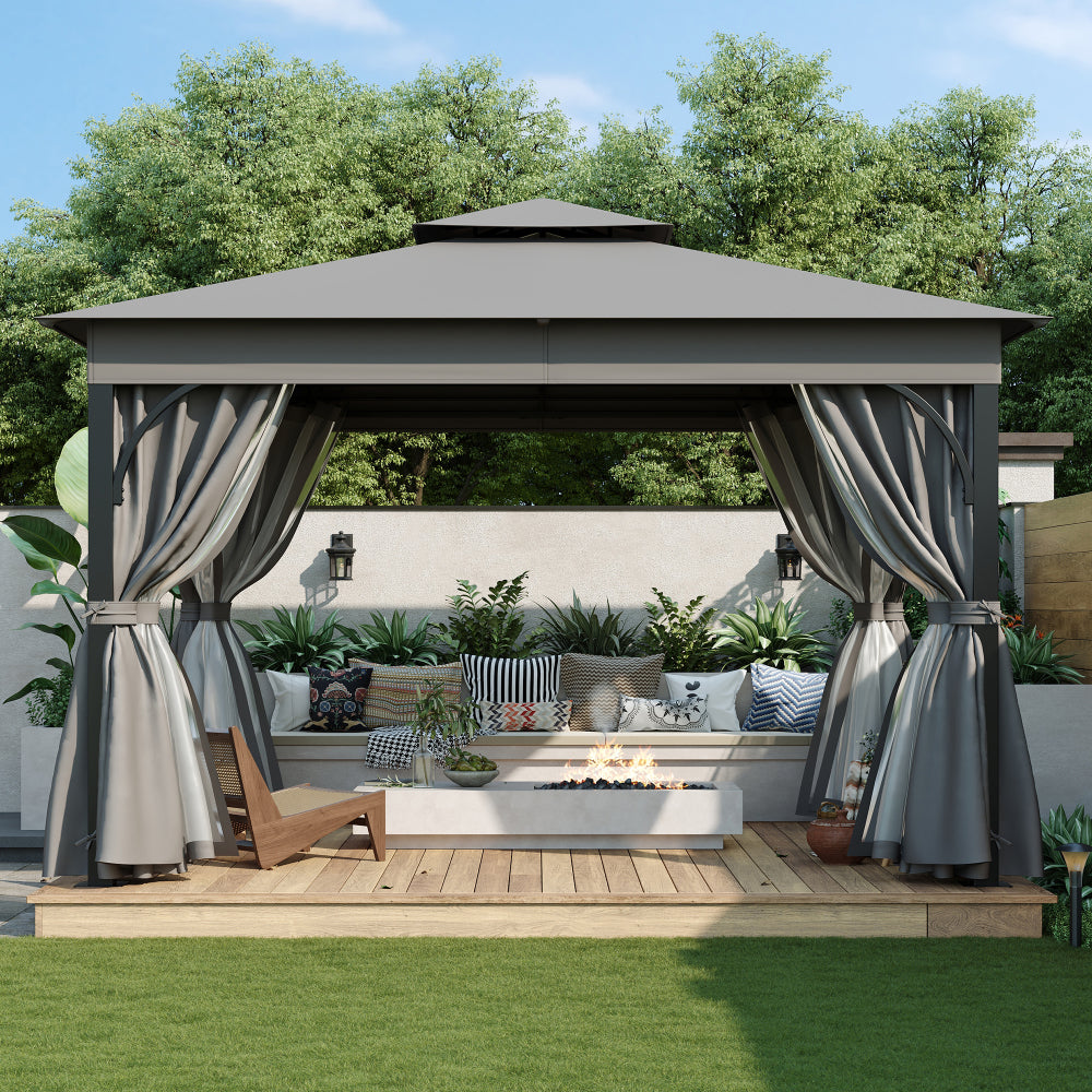 TREXM 10x12 Outdoor Gazebo Tent with Double Roofs, Patio Gazebo with Mosquito Netting and Privacy Screens, Patio Canopy for Shade and Rain for Backyard, Garden, Lawn and Deck (Grey)