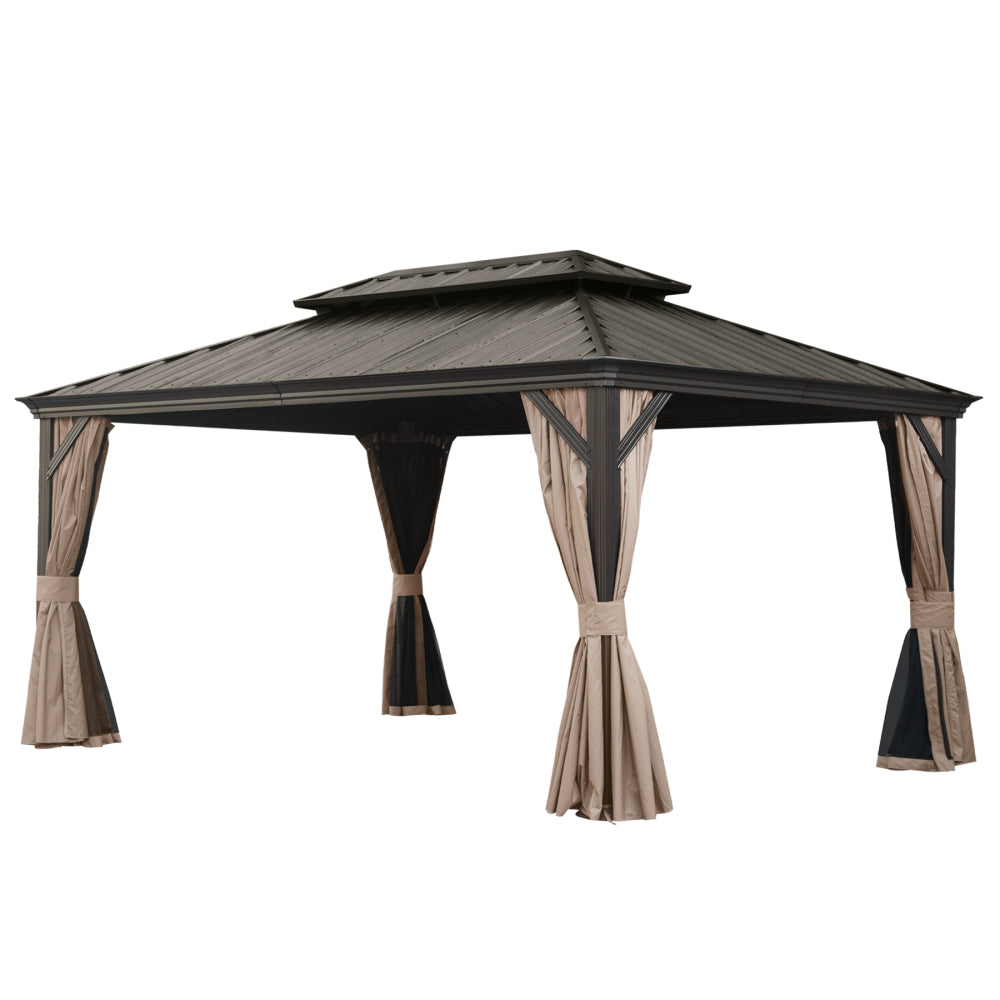 12' X 16' Hardtop Gazebo, Upgraded Metal Gazebo with Drainage System, Dual-Layer Galvanized Steel Roof, Curtain and Netting, Outdoor Shelter Canopy for Patio, Garden, and Backyard, Brown