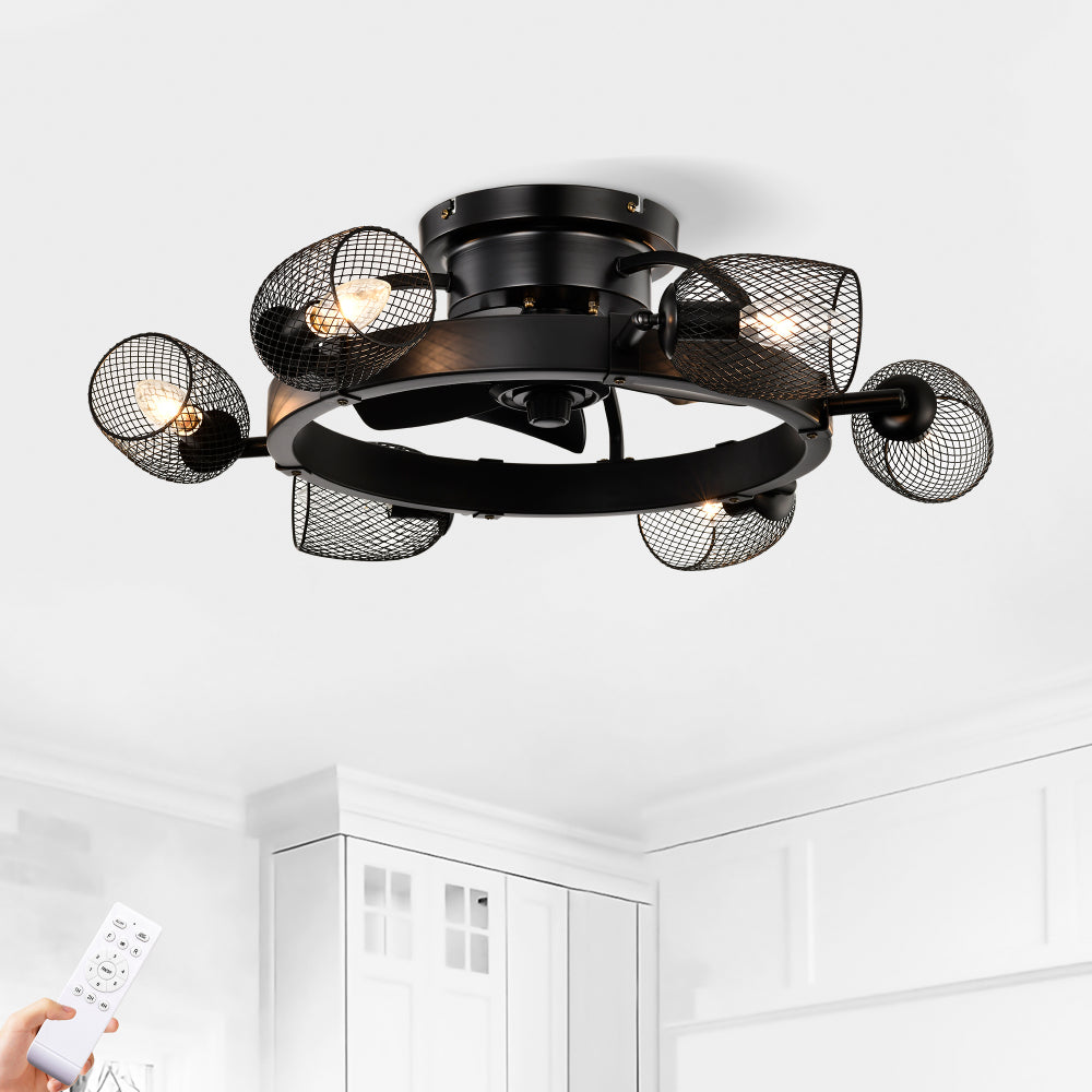 25.8''  Industrial Ceiling Fan with remote control ,5 ABS Blades small size ceiling fan For Living Room, Dining Room, Bedroom, Family Room, Matte Black ,6 PCS*E26 (Does Not Include Light Bulbs)
