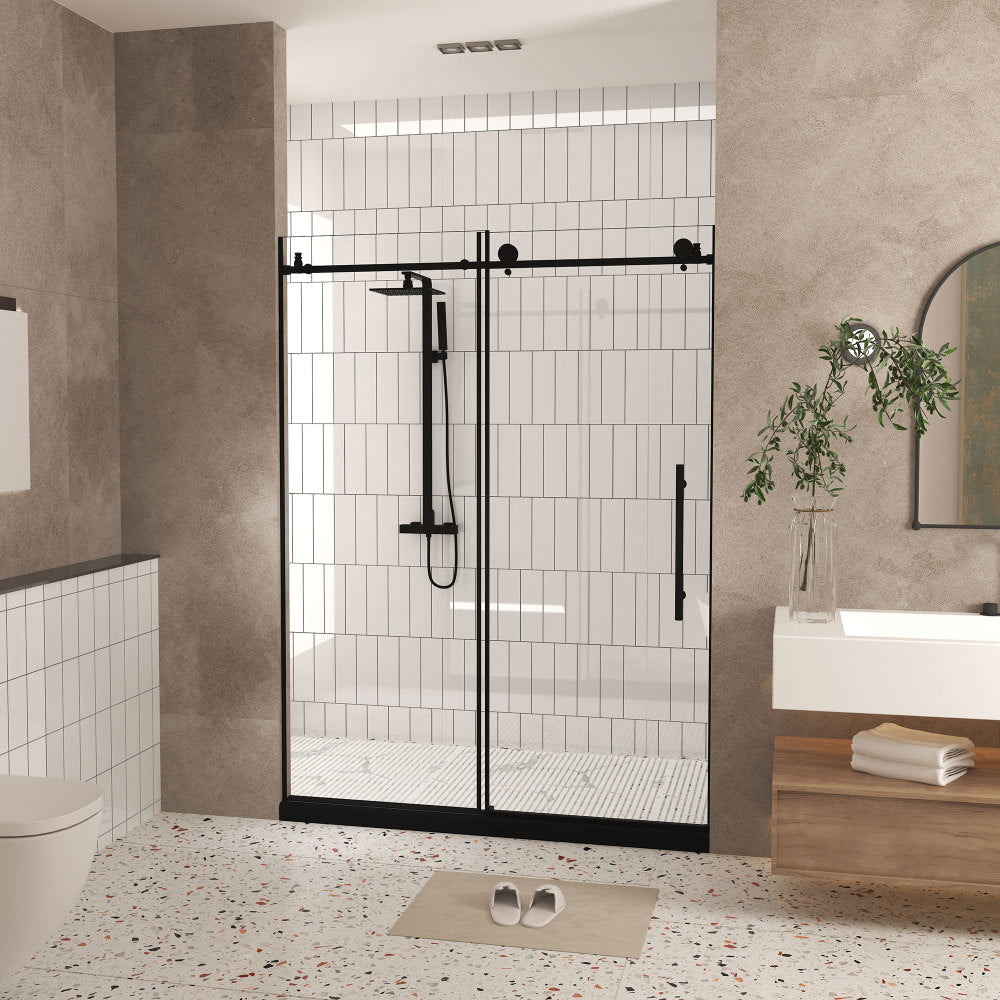 Frameless shower door 56-60 "W x 76" H, 1/4 "(6 mm) Clear Tempered Glass, Explosion Proof Film, Stainless Steel Handle, Matte Black