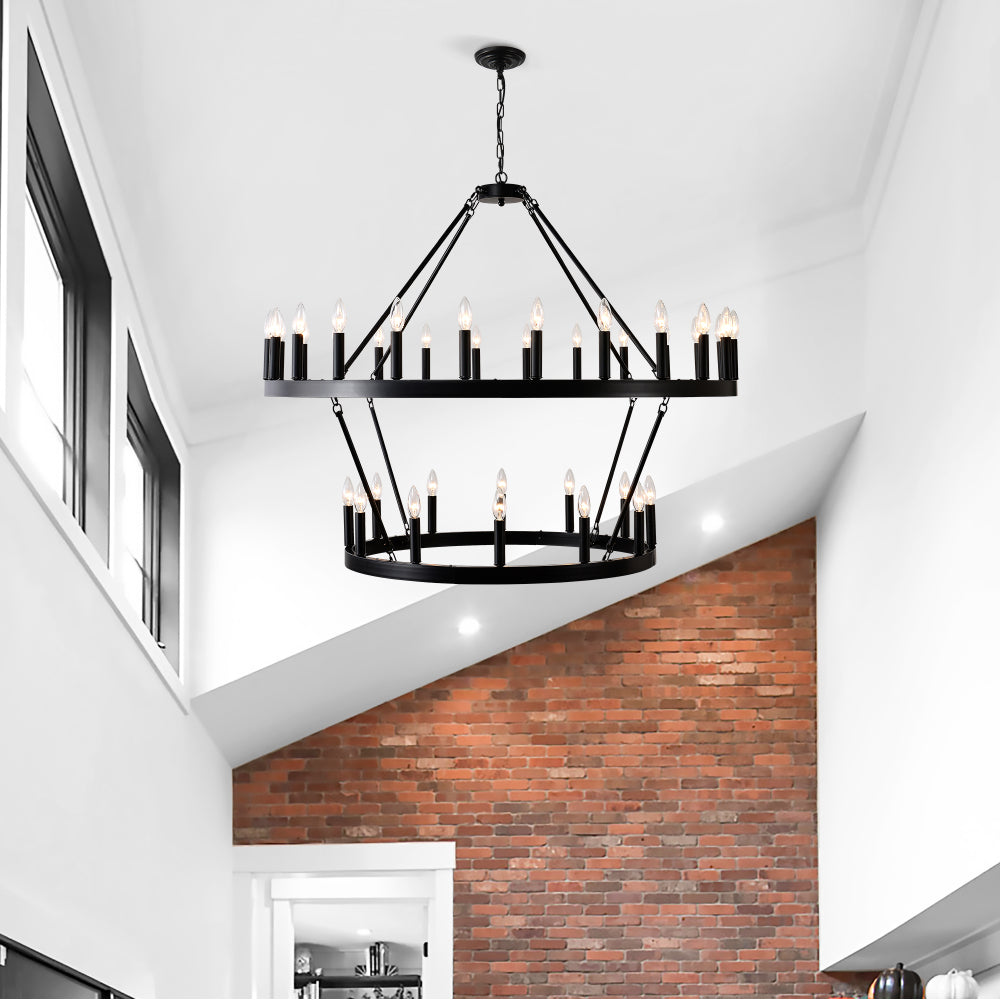 2 Tiers Wagon Wheel Chandelier Wooden Farmhouse 36-Light(24+12) or (12+24 ), Black Metal Chandeliers 2-Story  Light Fixtures Industrial for High Ceiling Living Dining Room Foyer. Adjustable Height