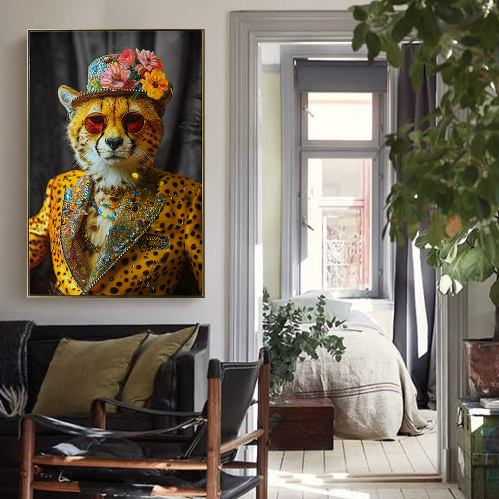 Abstract Art Wall Decor: Stylish Cheetah in Leopard Print Suit with Sunglasses and Hat Featuring Flower - Unique Modern Canvas Painting for Living Room, Bedroom, Office decorative picture
