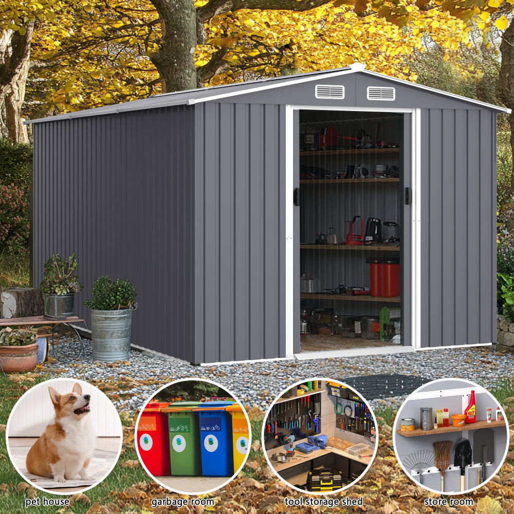 Outdoor Storage Shed 8 x 12 FT Large Metal Tool Sheds, Heavy Duty Storage House with Sliding Doors with Air Vent for Backyard Patio Lawn to Store Bikes, Tools, Lawnmowers Grey